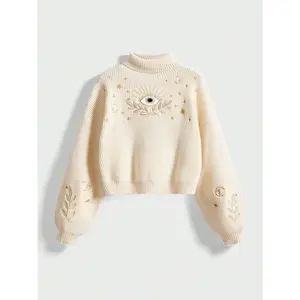 Hippie Retro Boho Vacation Vibe Moon & Star Embroiderdy Blue-Green Pullover Sweater