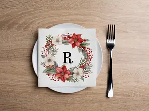 Disposable Paper Cocktail Napkins With Christmas Holiday Napkins Flower Monogram "R" - Pack of 20