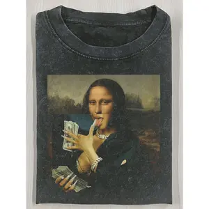 Men Mona Lisa Fibonacci 1.618 Accounting Tee Heavy Washed Cotton Vintage Street Graphic T Shirt Money Calculator Pattern Quirky Outfit for Finance Bro Office Humor Gift
