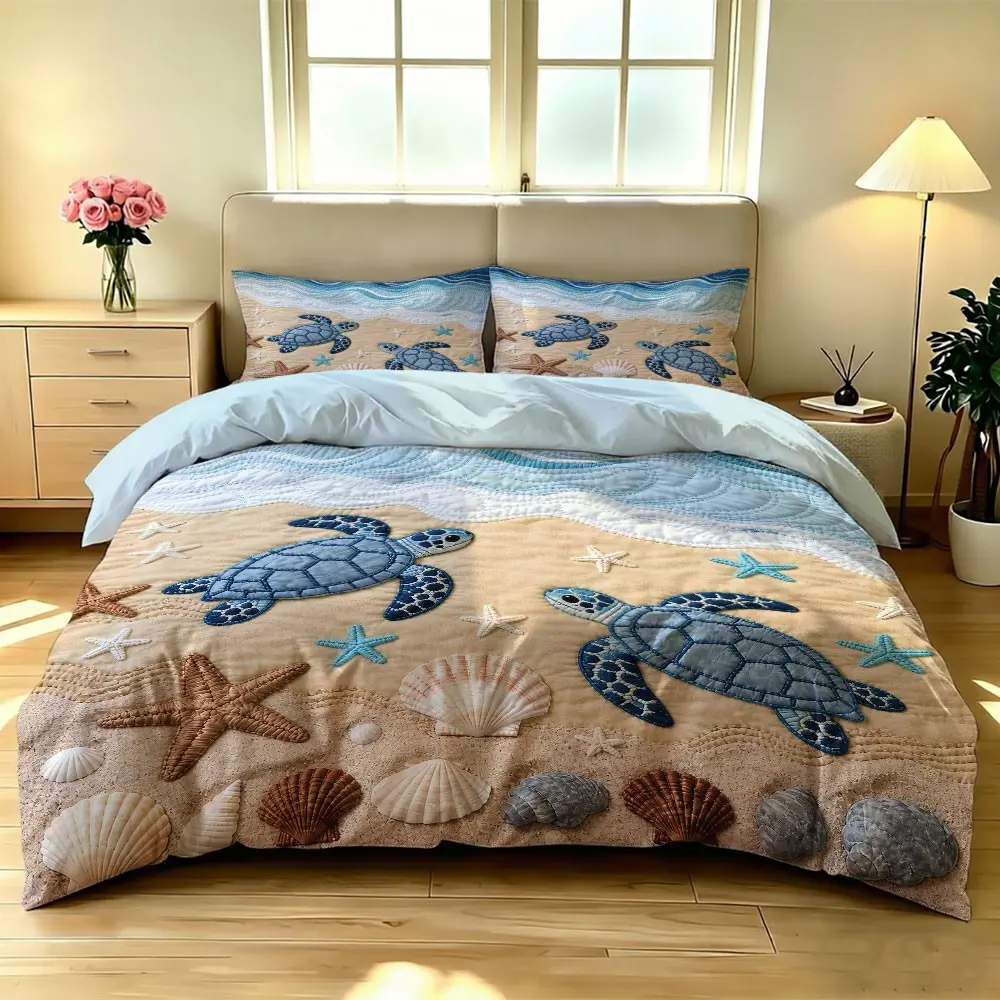 3-piece Quilted Ocean Wind Turtle Quilt Set, Theme Bedding Set, including 1 duvet cover and 2 pillowcases, without blankets or pillowcases, soft and comfortable, suitable for bedrooms, hotels, and school dormitories, Duvet Cover Sets