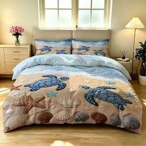 3-piece Quilted Ocean Wind Turtle Quilt Set, including 1 duvet cover and 2 pillowcases, without blankets or pillowcases, soft and comfortable, suitable for bedrooms, hotels, and school dormitories