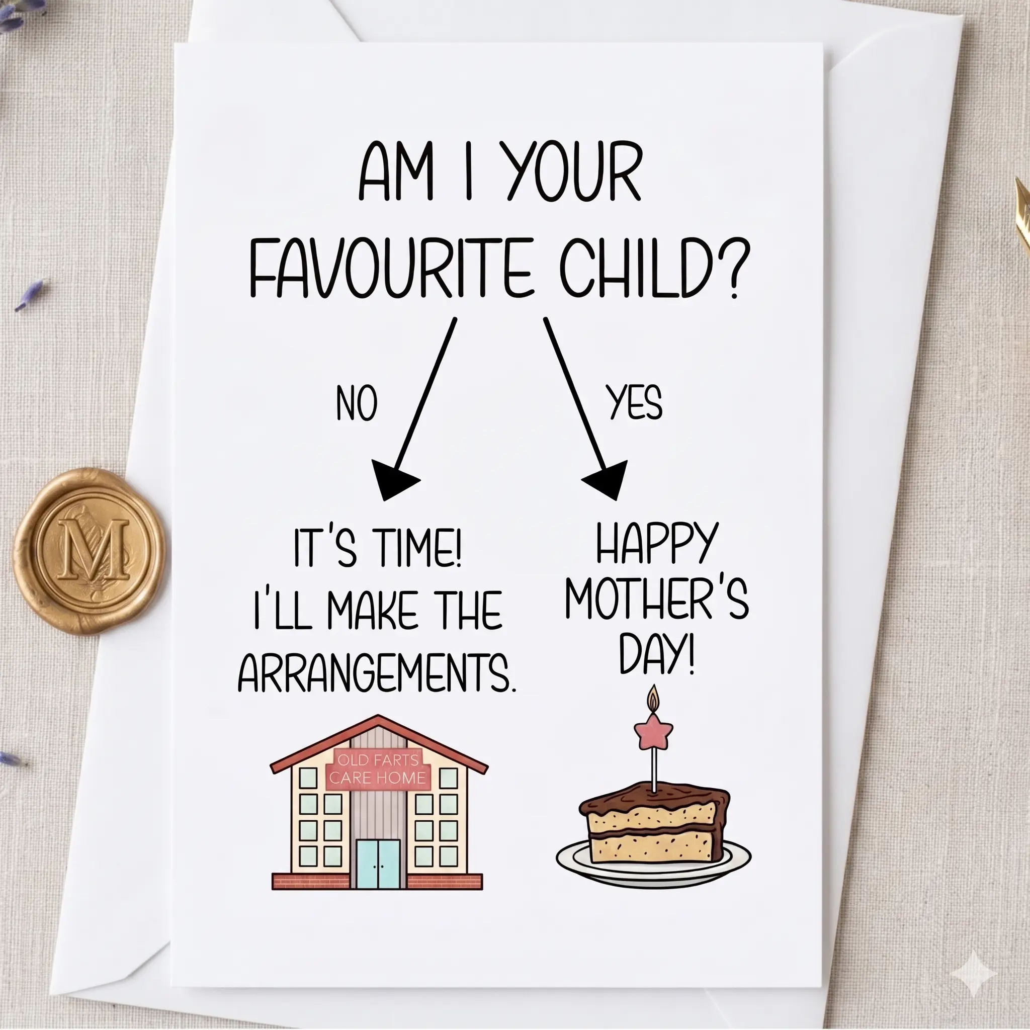 Cheeky Mother's Day Card, Favourite Child Flowchart, Mother's Day Gift, Old Farts Care Home vs Cake
