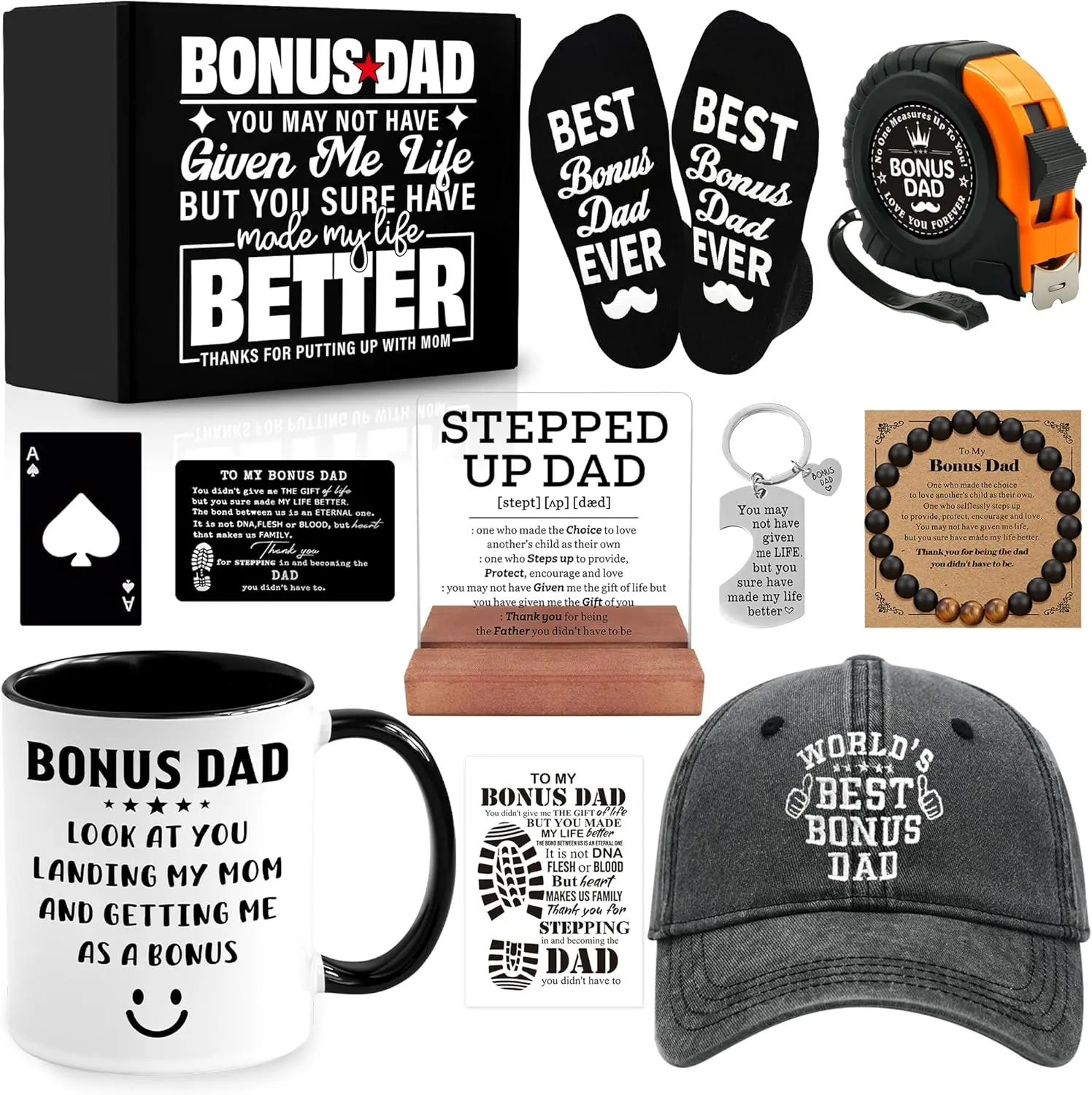 11 PCS Step Dad Gift with 11 Oz Ceramic Cup, Acrylic Desk Plaque Sign, Hat, Socks, Tape Measure, Christmas Gifts, Bonus Dad Gifts, Birthday, Father's Day Gift from Stepchild