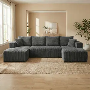【#SummerVibes】【2Packages Shipping】U-Shaped Cloud Modular Sectional Sofa, Boneless Frame, Black Corduroy Fabric, Double Recliner Lounge, Compression Sofa, No Assembly Required, Indoor Living Room Bedroom Lazy Furniture