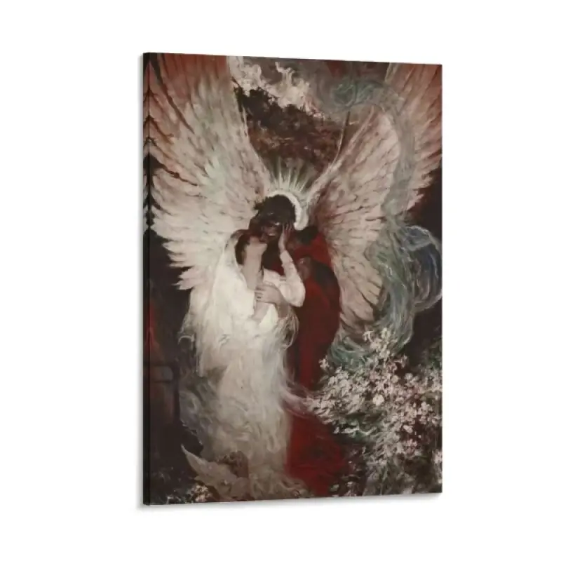 Artistic Minimalist Wooden-Framed Canvas Painting "The Other Side" - Angel-Themed Wall Decoration with Light Synthetic Shadow Accessory, Contemporary Art Home Inspo for Living Room, Stress Relief Eternal Love Home Decor