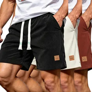 Men’s summer loose casual shorts, retro elastic waistband mid-length shorts, corduroy fabric, soft, comfortable, breathable