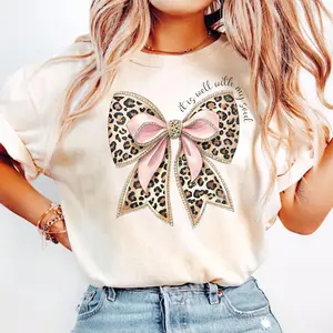 It Is Well With My Soul Tshirt, Pink Coquette Bow Religious Shirt, Bible Verse ,Coquette Christian Girl Gifts,Leopard Bow Womenswear Tee Casual Summer