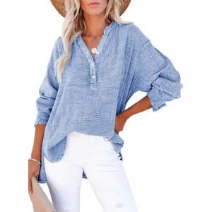 Women's Minimalist Basic 100% Cotton Blouse - V-Neck, Button-Front, Longsleeves, Plus Size, Boyfriend-Style Loose Fit Solid Color Top