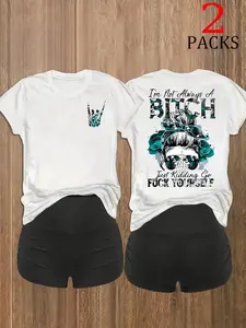 Women's Cool Skull Rose Print T-Shirt Set, American Punk Style, Loose Fit, Soft Breathable Fabric, Streetwear, 2 Piece Set