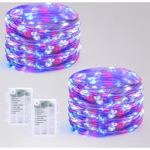2 pack red white and blue fairy lights. 33 feet 100 LED per set battery operated. 8 modes silver wire twinkle lights. Outdoor 4th of July patriotic independence memorial decor.