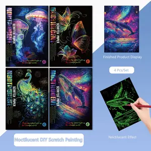Noctilucent DIY Scratch Painting Set A4 Size Ocean World Butterfly Peacock Whale Luminous Art Works with Scratch Pen 4pcs Green Area Light Emitting Effect