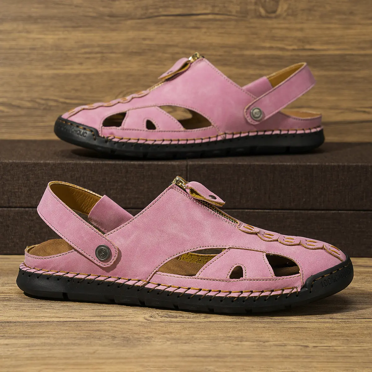 Unisex Hand-Stitched Leather Mules, Closed Toe Convertible Slingback Sandals with a Breathable Hollow-Out Design for Outdoor Walking, Minimalist, Walking Shoes, Footwear, Soft, Casual