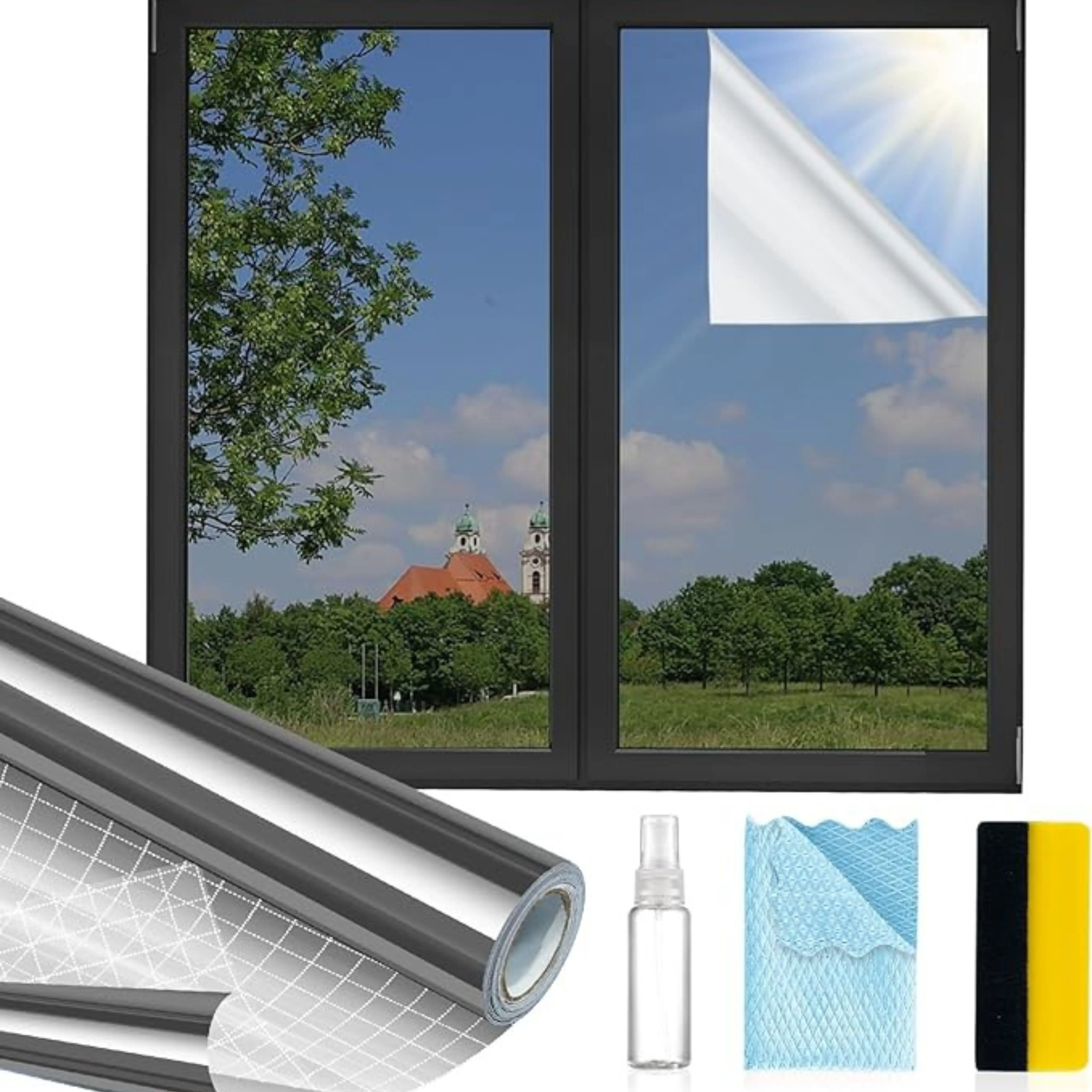 Window Privacy Film One Way,Reflective Mirror Window Film Daytime Privacy, Window Tint for Home Office, UV Sun Blocking, Black,17.5 Inch X 6.5 Feet