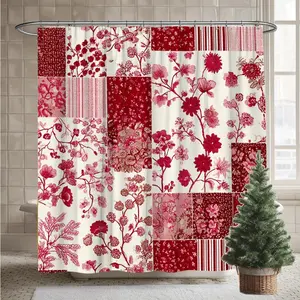High-Quality Vintage Red-Pink-White Multicolor Patchwork Shower Curtain Set, Straight Garden Flower Motif Design with Hooks, Bathtub Divider & Bathroom Window Panel