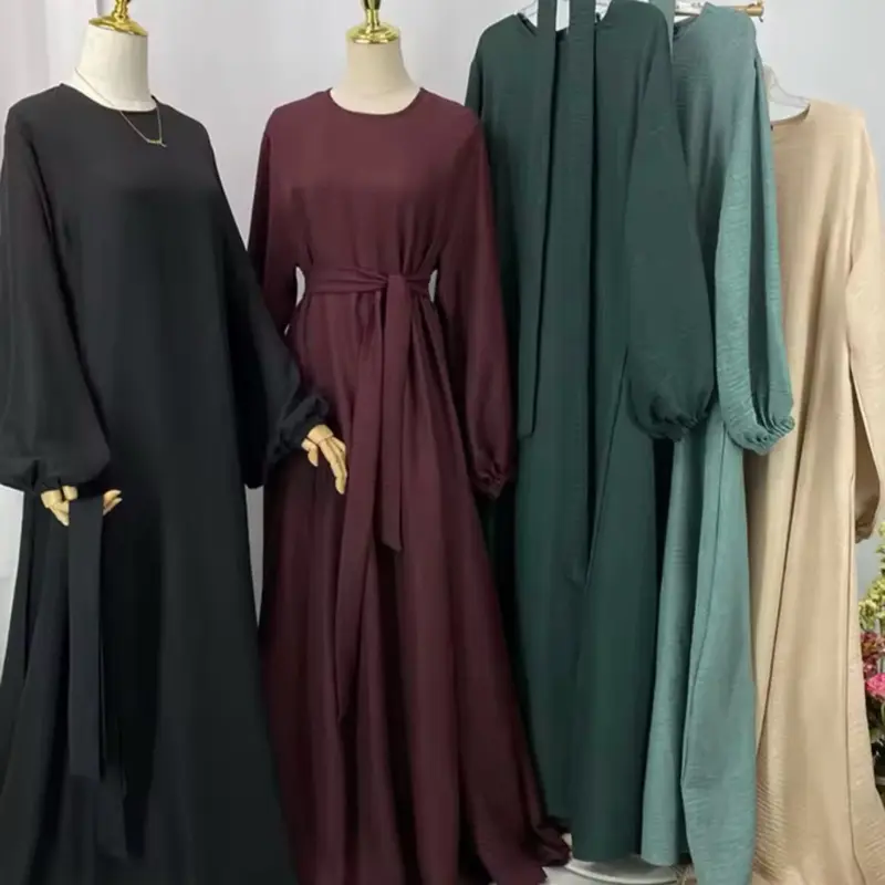 Amara woven linen umbrella Abaya dress with side pockets and matching belt in Black, Emerald Green, Pea Green, Beige, and Maroon Colors
