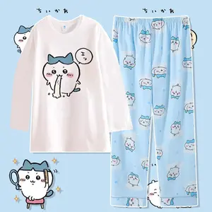 2Pcs Cotton Pajamas Suit Kawaii Chiikawa Usagi Autumn Anime Hachiware Long Sleeves Pants Sleepwear Casual Girls Student Homewear