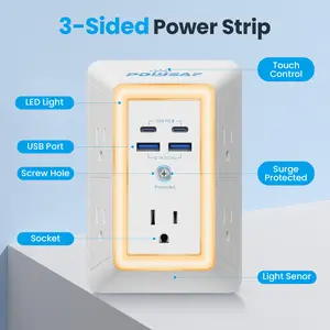 Multi Plug Wall Outlets with Light, Surge Protector Power Strip, 20W PD Fast Charger, POWSAF AC Outlet Extender with 2 USB Type-C 2 USB A Charging Ports (3A Total) 3-Sided Power Strip, Multiple Plug Wall Charger Spaced for Home Travel Office