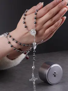Christian Cross Rosary Prayer Bead Necklace for Men and Women, Long Stainless Steel St. Benedict Pendant Chain Jewelry, Casual All-Season Accessory, Multilayer Cross Necklace, Inspirational Jewelry