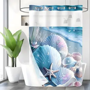 LVRLVR 1pc Coastal Beach Seashell Starfish Shower Curtain with Sheer Top Window, Detachable Liner & No Hook C-Ring, 70.8" x 74"