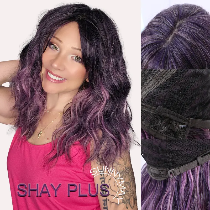 SHAY Plus - New! SUNNYMAY breathable bionic scalp 18-inch mid-length water wave layered midnight berry glueless synthetic wig with wispy blunt bangs for women 4×4.5 natural scalp hard silky top easy wear comfortable fit Long Wavy Wig Long Straight Wig