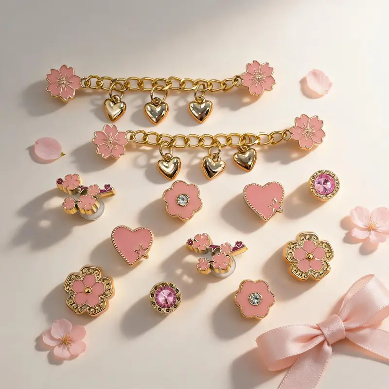 Women's 12PCS Cherry Blossom Resin Buckle Shoe Decoration Charms Set - Pink Floral Cut-Outs, Pearl-Chain Detail, Faux Pearl Clips, Removable Buckles, DIY Sandal/Slipper/Clog Accessories, Valentine Gifts