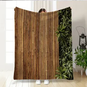 Creative Plant Bamboo Print Flannel Blanket, Soft Warm Nap Blanket for Sofa Bed Office Car Camping Travel Home Decor Gift
