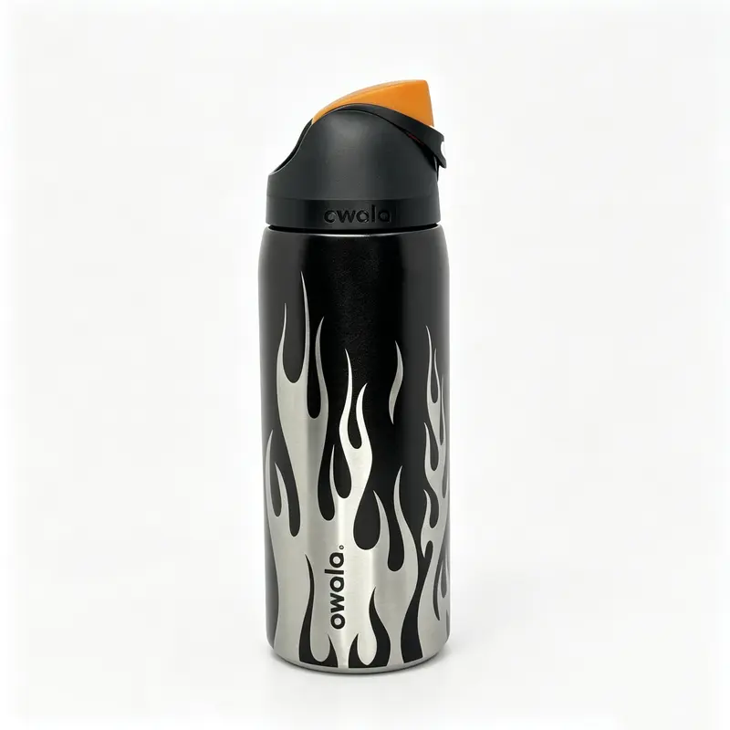 Owala FreeSip 32oz Stainless Steel Drinkware Flask - Leakproof Insulated Vacuum Tumbler, Push-Button Flip Lid, Portable Carry Loop, 24-Hour Cold Retention, Stylish Silver Flame Print, Washable Reusable Gym Stuff, Gifts for Him