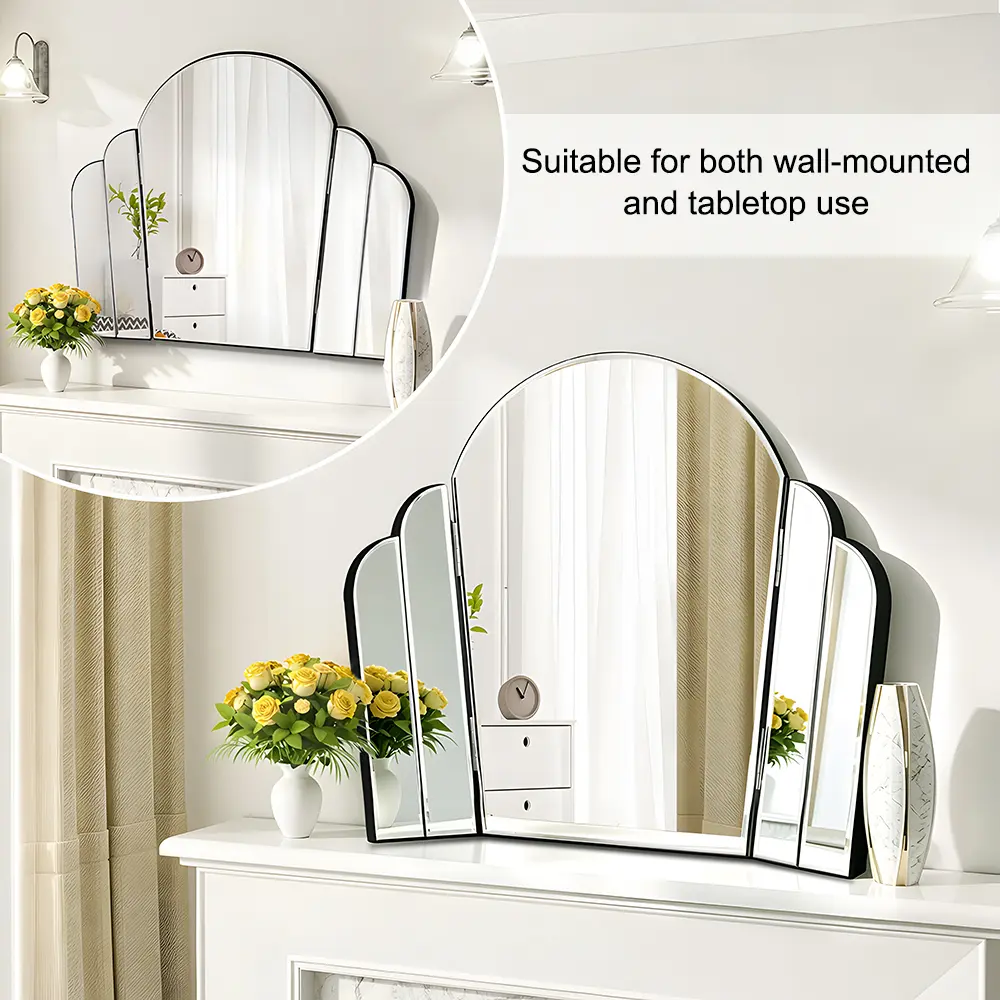 Vintage Elegant Crown-Shaped Hollywood Venetian 3-Fold Wall-Mounted Bathroom Mirror - 180° Adjustable Vanity Mirror with Shell Decorative Accents for Dressing Tables, Bedrooms, Float