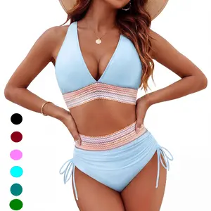 Luna&Lace Women 2-pieces Stylishmom High Waisted Bikini Sets Tummy ControlSwimsuits with Adjustable Wide ShoulderStraps Color Block Drawstring Bathing Suit#SwimWeek #Summervibes