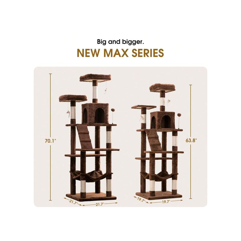 MWPO 70.1-Inch Large Cat Tree, Multi-Level Tall Cat Tower for Indoor Cats, Plush Cat Condo with Big Padded Perches, Sisal-Covered Scratching Posts, Hammock, Toys for Kittens & Cats
