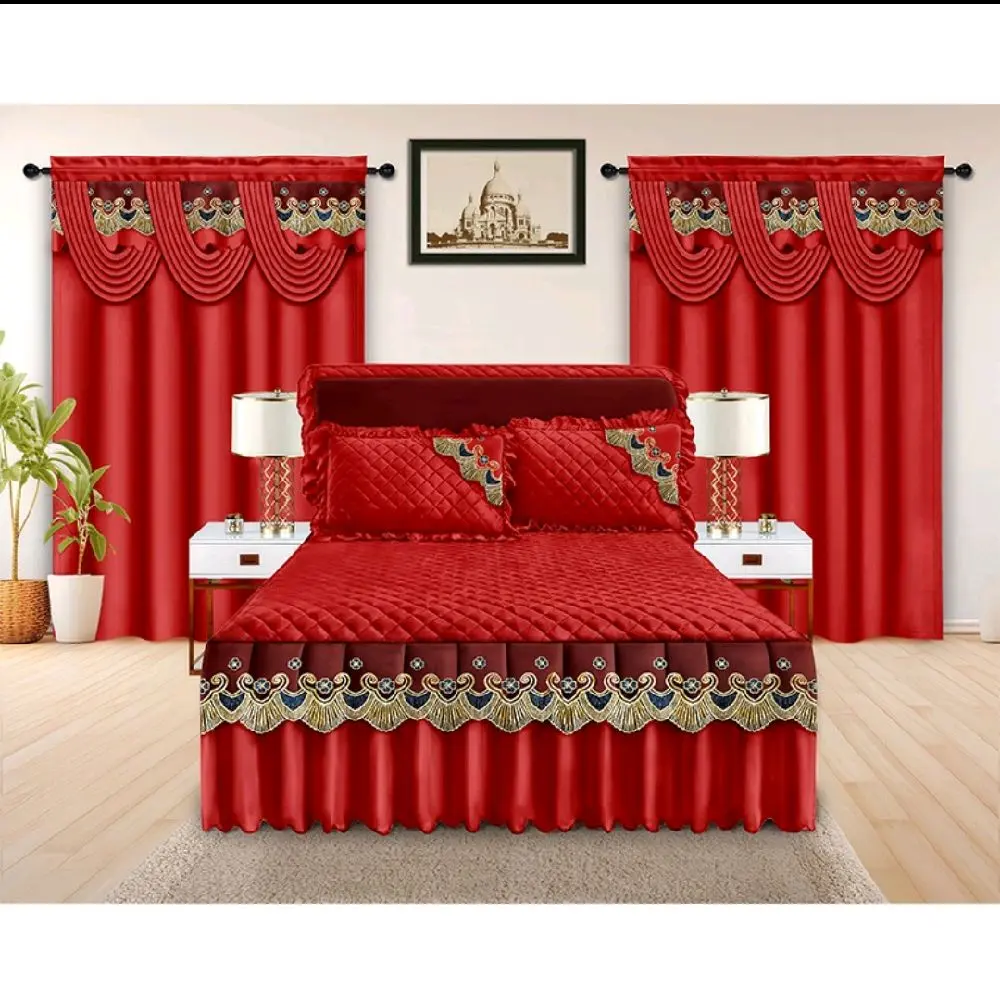 luxury red embroidered 5piece bedding and curtains set