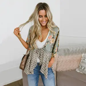 PiePieBuy Womens Floral Boho Patchwork Kimono Cover Ups Ruffle Short Sleeve Chiffon Lightweight Cardigans Uniforms Workwear