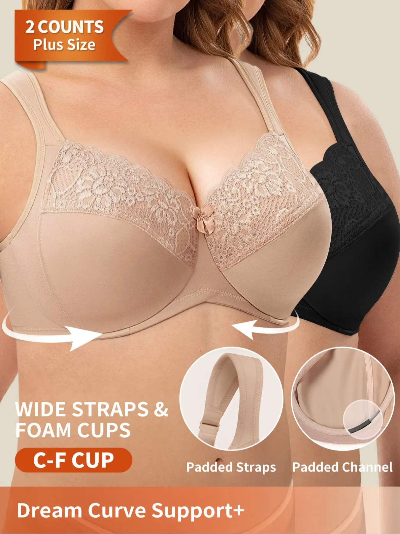 Morelect Plus Size 2-Pack Bralettes, Full Coverage C-F Cup, Lace Trim, Wide Padded Straps, Comfortable and Secure, All Seasons Lingerie