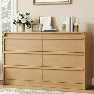 YJ-Garvee 6 Drawer Wooden Dresser, 47" Wide with Curved Profile Design, Mid Century Modern Style Chest of Drawers for Bedroom, Living Room, Entryway, Available in Natural, Black, and White