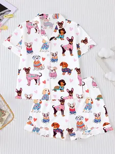 Cartoon Dog Print Pajama Set, Fitted Short Sleeves & Loose Waist Shorts, All Season Sleepwear for Kids, Soft Casual Pajamas