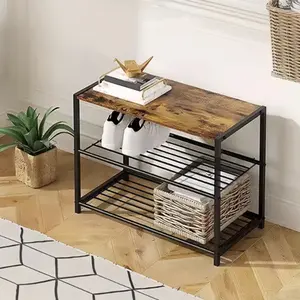 1PC Metal Shoe Rack with Burnt Wood Finish Top Panel Stylish Versatile Sturdy Durable Multi-functional Storage for Hallways Bedrooms Bathrooms Kitchens and Dormitories