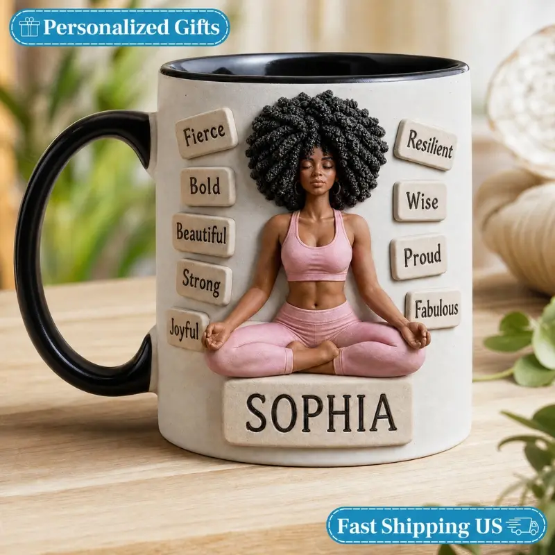 Custom Name Black Woman Yoga Coffee Mug - 3D Inflated Effect Afro Girl Mindfulness Mug Ceramic Tea Cup Birthday Self Care Gift