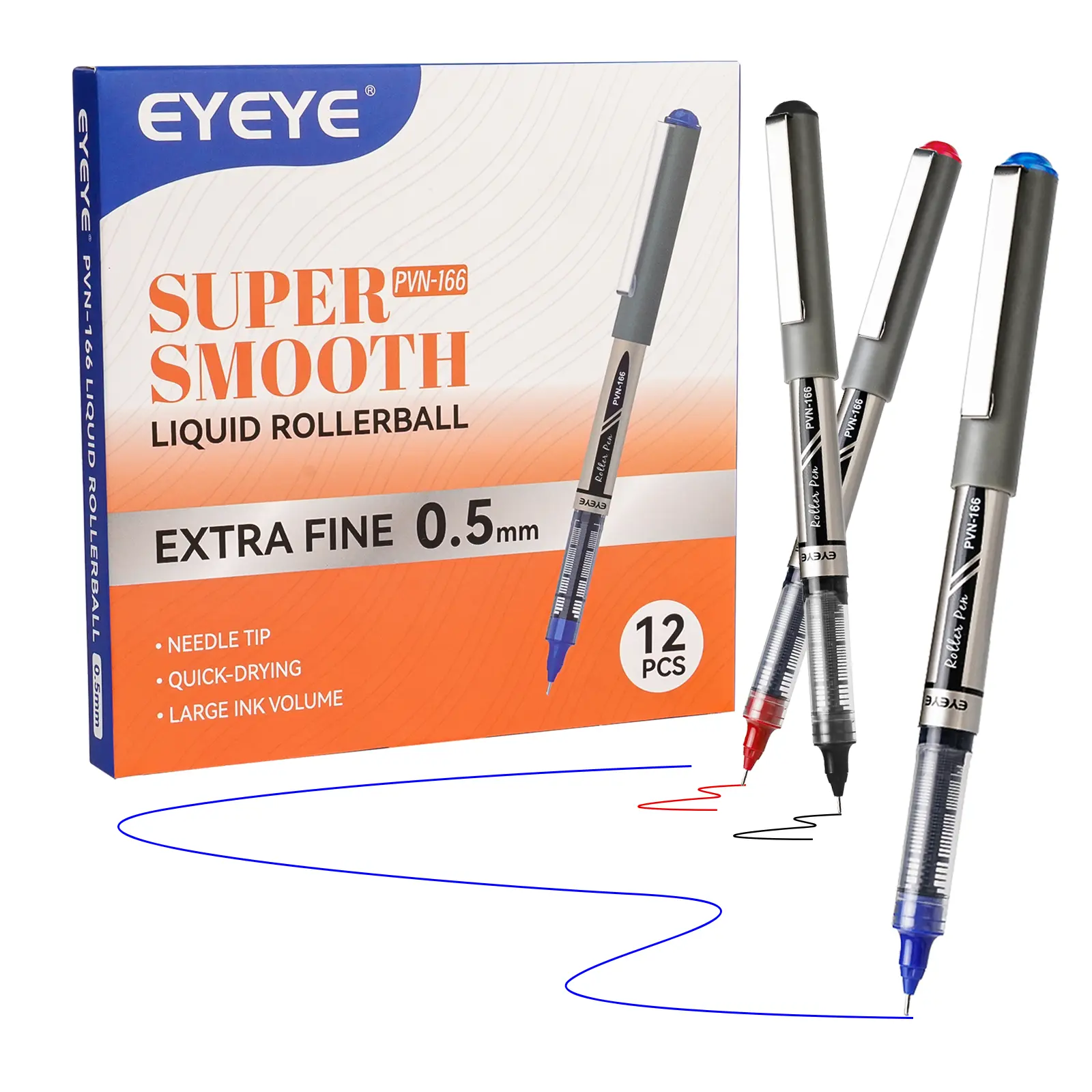 EYEYE PVN166 Rollerball Pens 12 Pack 0.5mm Extra Fine & 0.7mm Medium Needle Point Pens, Quick Dry Liquid Ink Pens Fine Point Smooth Writing Pen for Journaling Note Taking, Office School Classroom Supplies Writing Tools,