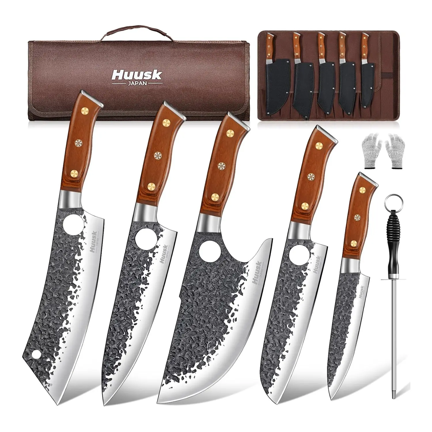 Huusk Butcher Knife Set, 8pcs Viking Chef Knife Set with Roll Bag, High Carbon Steel Forged Viking Knife, Meat Cleaver, Kitchen Knives Sets for Cooking Camping BBQ, Gift for Men Husband