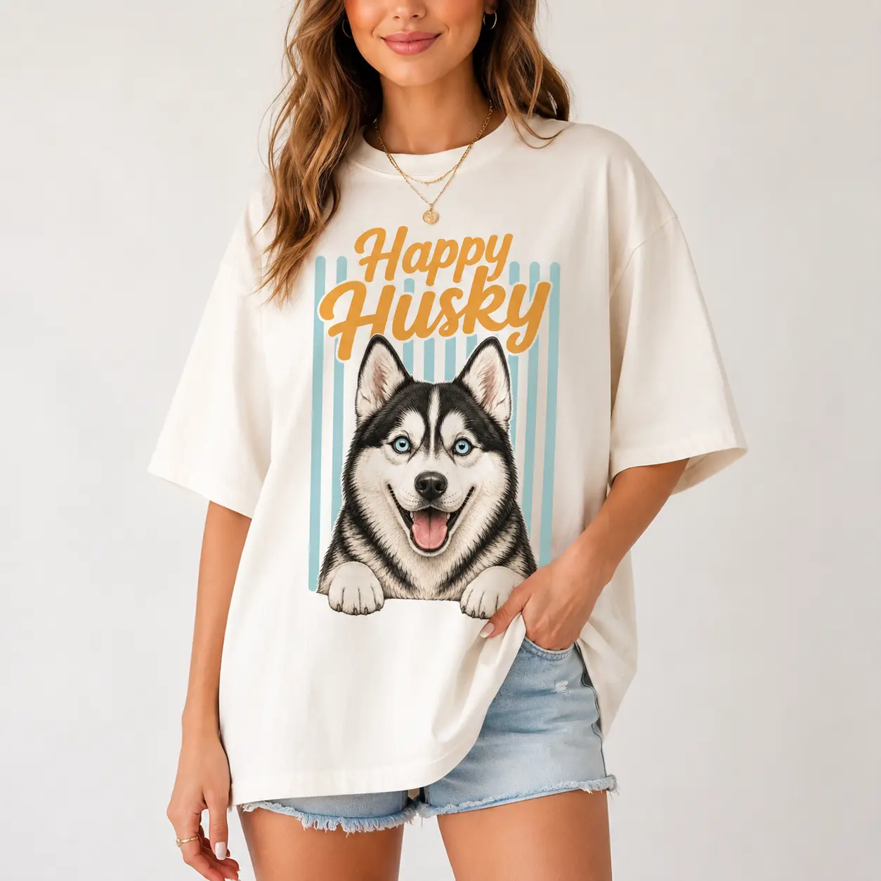 [100% Cotton] Happy Husky T-Shirt, Happy Husky Graphic Tee, Cute Siberian Husky Oversized Shirt for Women, Retro Dog Tshirt with Blue Stripe Art, Pet Lover Casual Outfit and Birthday Gift