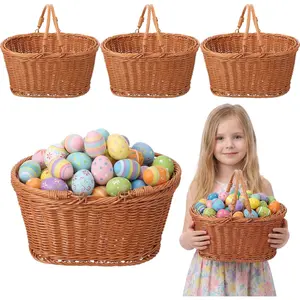 4 Pcs Large 12'' Easter Basket with Handle Natural Wicker Woven Big Easter Baskets Bulk for Egg Hunt Party Favors Picnic Rattan Candy Gifts Home Decor