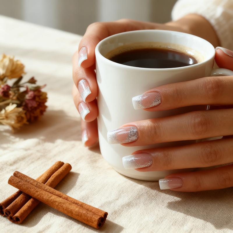 Square Press on Nails Medium French Tips Fake Nails Silver Glitter Acrylic Nails Press ons White Ombre Glue on Nail Shiny Stick on Nail Nude False Nails for Women Girls Nails Decoration 24Pcs