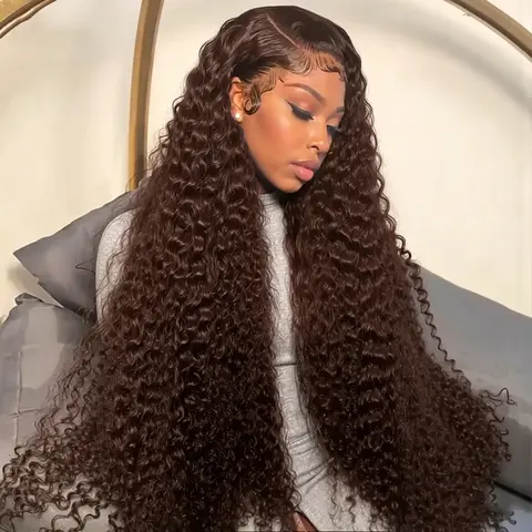 Chocolate Brown 180% Density Curly Lace Front Wig 13x6 HD Transparent Lace Front Human Hair Wig for Women with Baby Hair