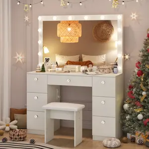 VOWNER 58"Tall Makeup Vanity Desk Set With Power Outlet, 14 Bulbs And Mirror, 7 Drawers VOWNER 58"Tall Makeup Vanity Desk Set With Power Outlet, 14 Bulbs And Mirror, 7 Drawers