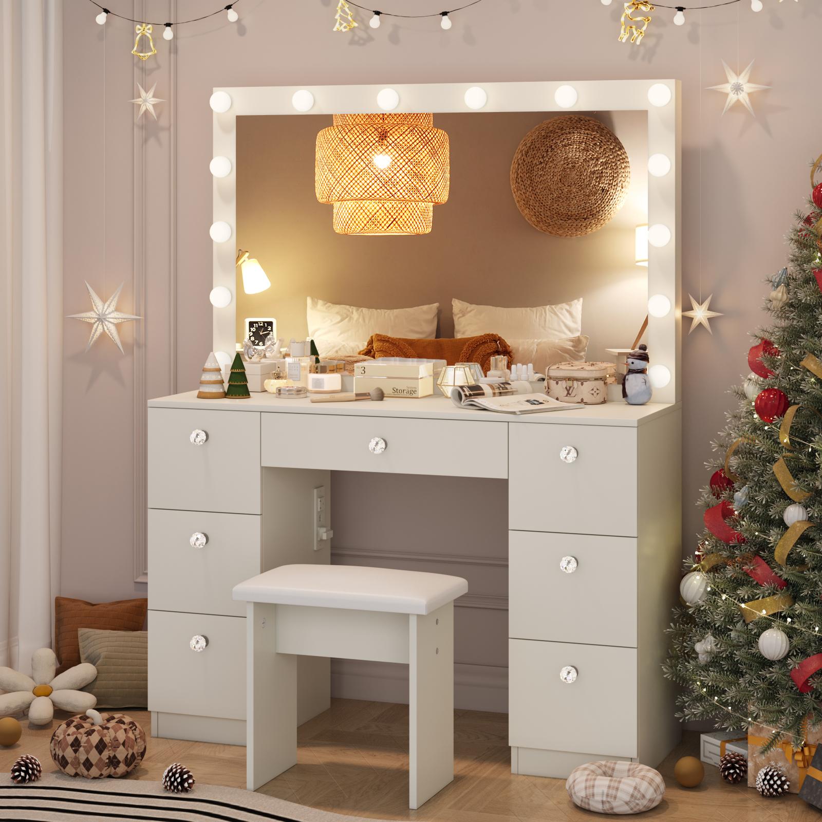 VOWNER 58"Tall Makeup Vanity Desk Set With Power Outlet, 14 Bulbs And Mirror, 7 Drawers