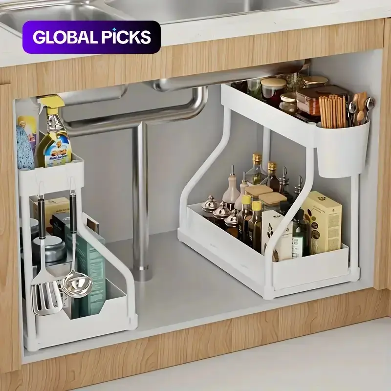 2 Tier Pull Out Under Sink Organizer – Large Capacity Kitchen Cabinet Storage Rack with Sliding Drawer, Expandable & Detachable Under Sink Storage Rack with Hooks for Kitchen, Bathroom & Pantry, Space Saving Home Organizer
