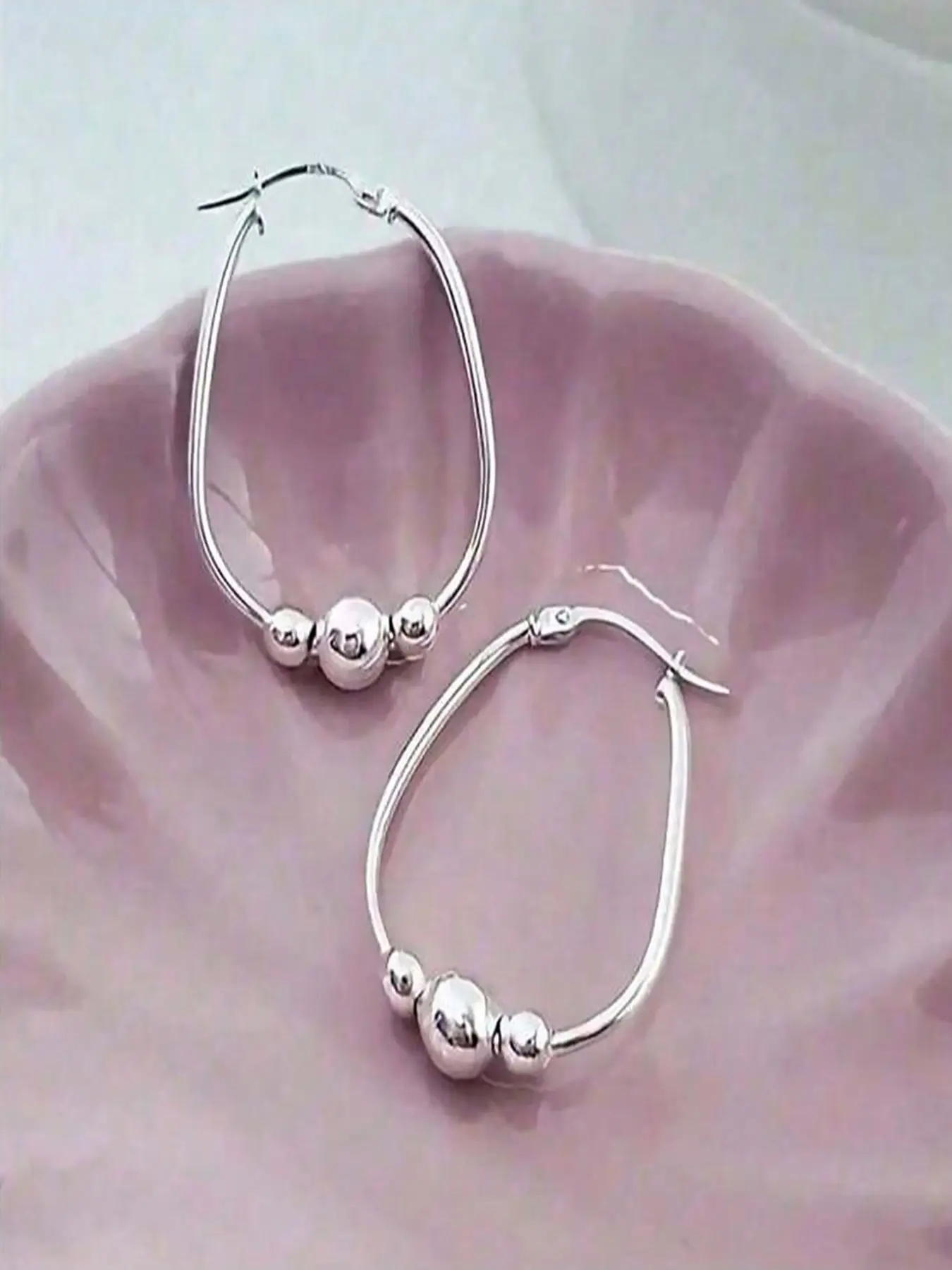 1 Pair Silver 3-Bead Hoop Shape Earrings for Women - Dainty Hypoallergenic Minimalist Hoops, Tiny Bead Detail Everyday Earrings, Office & Casual Jewelry, Gift for Her