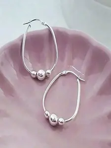 1 Pair Silver 3-Bead Hoop Shape Earrings for Women - Dainty Hypoallergenic Minimalist Hoops, Tiny Bead Detail Everyday Earrings, Office & Casual Jewelry, Gift for Her
