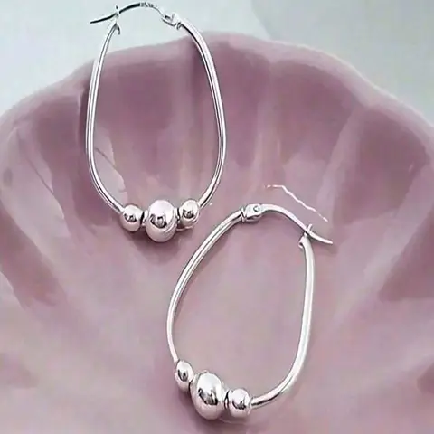 1 Pair Silver 3-Bead Hoop Shape Earrings for Women - Elegant Minimalist Earrings, Dainty Hypoallergenic Minimalist Hoops, Tiny Bead Detail Everyday Earrings, Office & Casual Jewelry, Gift for Her