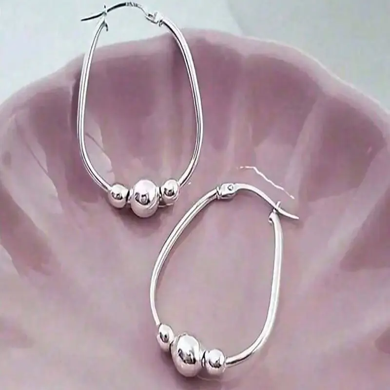 1 Pair Silver 3-Bead Hoop Shape Earrings for Women - Elegant Minimalist Earrings, Dainty Hypoallergenic Minimalist Hoops, Tiny Bead Detail Everyday Earrings, Office & Casual Jewelry, Gift for Her